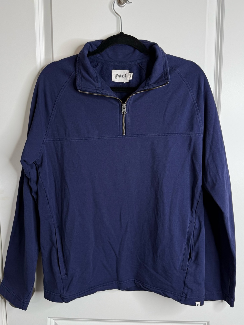 Pact Mens Medium Navy Organic Cotton Quarter Zip Sweatshirt Pockets Casual